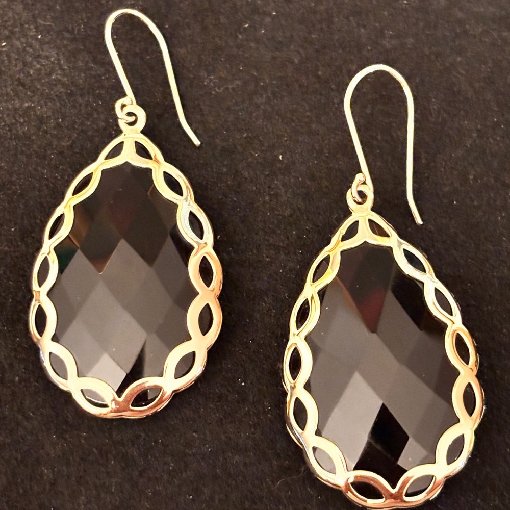Checkerboard Faceted Black Onyx & 14k Clad Teardrop Earrings
